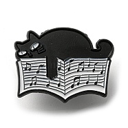 Music Theme Cartoon Black Cat Enamel Pins, Black Alloy Badge for Women Men, Book, 21.2x27.4x1.3mm(JEWB-K016-11B-EB)