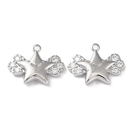 Brass with Clear Cubic Zirconia Charms, Star & Wing, Real Platinum Plated, 11.5x15x3mm, Hole: 1mm(KK-G474-02P)