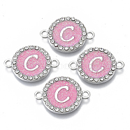 Alloy Enamel Links Connectors, with Crystal Rhinestones, Flat Round with Letter, Silver Color Plated, Letter.C, 22x16x2mm, Hole: 1.8mm(ENAM-TAC0003-01S-03C)