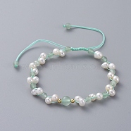 Braided Beads Bracelets, with Natural Cultured Freshwater Pearl Beads, Natural Green Aventurine, Brass Beads and Nylon Thread, 2 inch~3-3/8 inch(5.2~8.7cm)(BJEW-JB05056-01)