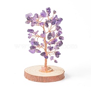 Natural Amethyst Chips with Brass Wrapped Wire Money Tree on Wood Base Display Decorations, for Home Office Decor Good Luck, 51.5~75x115mm(DJEW-B007-05B)