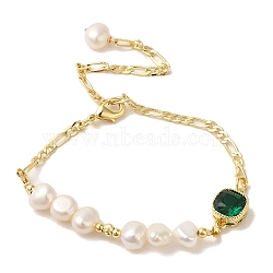 Rhinestone Square Link Bracelet with Natural Pearl, with Brass Chains, Real 14K Gold Plated, 8-5/8 inch(21.8cm)(BJEW-C051-20G)