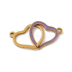 304 Stainless Steel Enamel Connector Charms, Double Heart Links, Golden, Medium Purple, 14x27x1mm, Hole: 1.5mm(STAS-E179-12G-02)