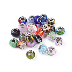 Mixed Styles Handmade Lampwork Glass European Beads, with Brass Double Cores, Large Hole Rondelle Beads, Mixed Color, 14~16x10mm, Hole: 5mm(LPDL-L002-M)