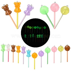 20Pcs 2 Styles Luminous Translucent Resin Big Pendants, with Platinum Tone Iron Loops, Plastic, Glow in the Dark Lollipops Charms, Mixed Color, 64~69x17~21.5x15~21.5mm, Hole: 1.8mm, 10pcs/style(RESI-YW0001-55)