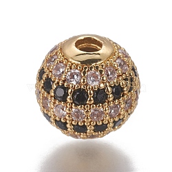 Brass Cubic Zirconia Beads, Round, Black, Golden, 10x9.5mm, Hole: 2.5mm(ZIRC-O029-15A-G)