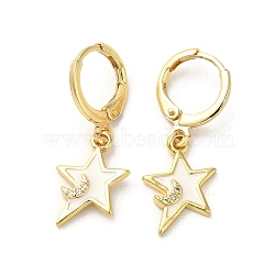 Star & Moon Real 18K Gold Plated Brass Dangle Leverback Earrings, with Enamel and Cubic Zirconia, White, 25.5x11mm(EJEW-L268-032G-03)