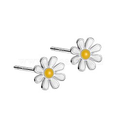 Anti-Tarnish Enamel Daisy Rhodium Plated 999 Fine Silver Stud Earrings for Women, with 999 Stamp, Platinum, 7.5mm(EJEW-S215-12P)