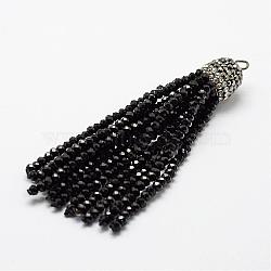 Electroplate Glass Bead Tassel Big Pendants, with Brass Rhinestone Findings, Black, 76x10.8mm, Hole: 2.5mm(EGLA-P023-07)