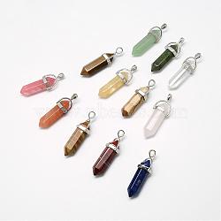 Natural & Synthetic Mixed Gemstone Double Terminated Pointed Pendants, with Platinum Tone Alloy Findings, Bullet, 37~38.5x12~13x9~10mm, Hole: 3x4mm(G-T010-02)