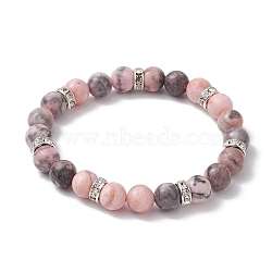 8.5mm Round Natural Pink Zebra Jasper Beaded Stretch Bracelets, Brass Rhinestone Spacer Bead Bracelets for Women, Silver, Inner Diameter: 2-1/4 inch(5.6cm), Round: 8.5mm(BJEW-JB10256-03)