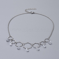 304 Stainless Steel Necklaces, with Cubic Zirconia Charms, Hexagon Linking Rings, Cable Chains & Lobster Claw Clasps, Stainless Steel Color, 16.14 inch(41cm)(NJEW-JN02685-04)