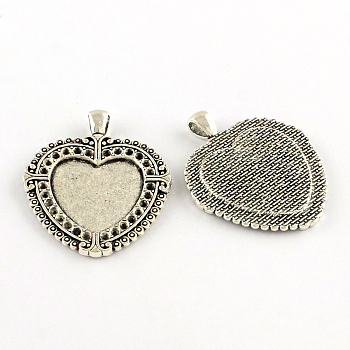 Tibetan Style Heart Alloy Pendant Cabochon Settings, Lead Free & Cadmium Free, Antique Silver, Tray: 25x25mm, Fit For 2mm, 48.5x40x7mm, Hole: 6mm, 86pcs/1000g