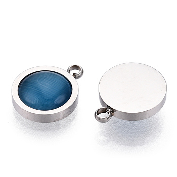 304 Stainless Steel Pendants, Manual Polishing, with Cat Eye, Flat Round Charm, Stainless Steel Color, 12x10x4mm, Hole: 1.6mm