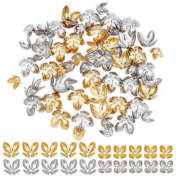 80Pcs 4 Style 304 Stainless Steel Bead Caps, 4-Petal, Flower, Mixed Color, 9~14.5x9~15x6.5~7.5mm, Hole: 1.4~1.6mm, 20pcs/style