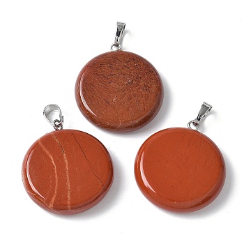 Natural Red Jasper Pendants, Disc Charms with Platinum Tone Brass Findings, 29x25x6mm, Hole: 7x4mm