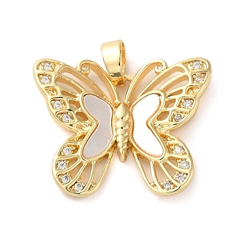 Brass Micro Pave Clear Cubic Zirconia with Acrylic Pendants, Butterfly Charms, Real 18K Gold Plated, 18x22x3mm, Hole: 3x4.5mm