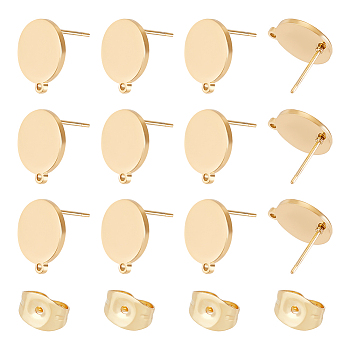 10 Pairs 304 Stainless Steel Stud Earring Findings, with Horizontal Loops, Flat Round, Golden, 14x12mm, Hole: 1mm, Pin: 0.7mm