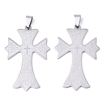 201 Stainless Steel Big Pendants, Cross with Word Padre Nuestro, Stainless Steel Color, 50.5x32x1mm, Hole: 4x7.5mm