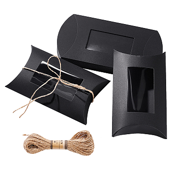BENECREAT 20Pcs Paper Pillow Boxes, with PVC Clear Windows & 1Bundle Jute Cord, Black, 17x11x4cm