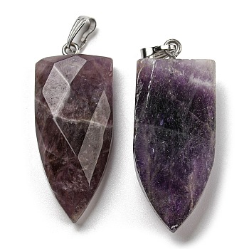 Natural Amethyst Pointed Pendants, Faceted Bullet Charms with Platinum Tone 201 Stainless Steel Snap on Bails, 42~42.5x17.5~18.5x8~8.5mm, Hole: 8.2x3mm