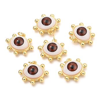 Brass Acrylic Pendants, Real 18K Gold Plated, Evil Eye, Coconut Brown, 17x20x7mm, Hole: 3.4mm