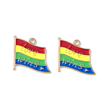 Rainbow Color Alloy Enamel Pendants, Light Gold, Flag with Word Love Wins Charm, Colorful, 18.5x19.5x1.2mm, Hole: 2mm
