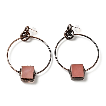 Natural Rose Quartz Ring with Rectangle Dangle Stud Earrings, Brass Jewelry for Women, Cadmium Free & Lead Free, Red Copper, 76mm, Pin: 0.6mm