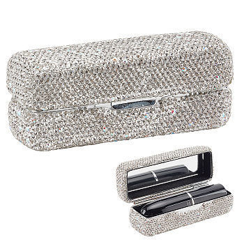 Bling Rhinestone Lipstick Case Holder, Iron Cosmetic Storage with Mirror inside, Rectangle, Crystal, 8.55x3.2x3.4cm