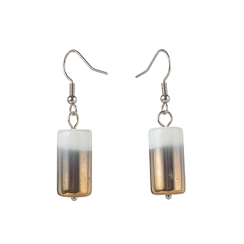 Half Electroplate Opaque Glass Column Beads Dangle Earrings, with 316 Surgical Stainless Steel Earring Hooks, Creamy White, 44mm, Pin: 0.5mm