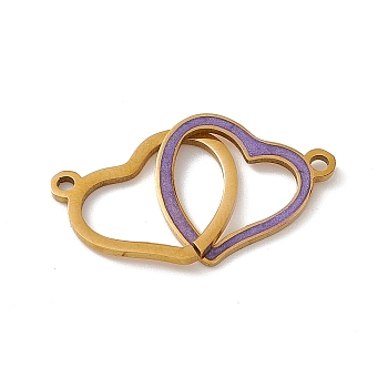 304 Stainless Steel Enamel Connector Charms, Double Heart Links, Golden, Medium Purple, 14x27x1mm, Hole: 1.5mm
