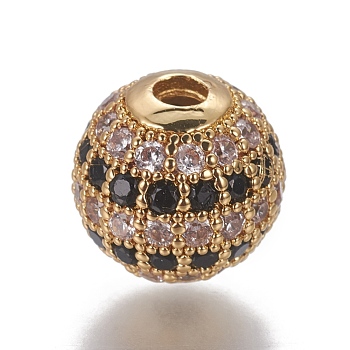 Brass Cubic Zirconia Beads, Round, Black, Golden, 10x9.5mm, Hole: 2.5mm