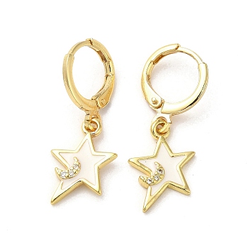 Star & Moon Real 18K Gold Plated Brass Dangle Leverback Earrings, with Enamel and Cubic Zirconia, White, 25.5x11mm