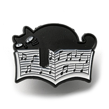 Music Theme Cartoon Black Cat Enamel Pins, Black Alloy Badge for Women Men, Book, 21.2x27.4x1.3mm