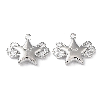 Brass with Clear Cubic Zirconia Charms, Star & Wing, Real Platinum Plated, 11.5x15x3mm, Hole: 1mm