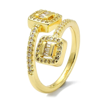 Brass with Cubic Zirconia Open Cuff Ring, Square, Real 18K Gold Plated, Inner Diameter: 18mm