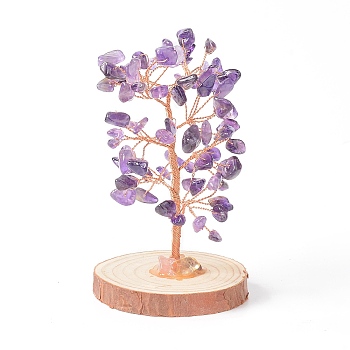 Natural Amethyst Chips with Brass Wrapped Wire Money Tree on Wood Base Display Decorations, for Home Office Decor Good Luck, 51.5~75x115mm