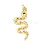 Brass Micro Pave Cubic Zirconia Pendants, with Jump Rings, Long-Lasting Plated, Snake, Clear & Green, Golden, 30.5x12.5x2.5mm, Jump Rings: 5x0.8mm, 3.4mm Inner Diameter(ZIRC-L098-012G)
