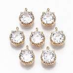 Brass Glass Rhinestone Charms, Long-Lasting Plated, Cadmium Free & Lead Free, Flat Round, Light Gold, Crystal, 10x7x4mm, Hole: 1.2mm(X-GLAA-S179-32-RS)