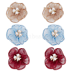 6Pcs 3 Colors Flower Alloy & Rhinestones & Gauze Shoe Buckle Clips, Shoe Decoration, Mixed Color, 50x55mm, 2pcs/color(HJEW-HY00030)