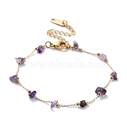 Natural Amethyst Chips Beaded Chain Bracelets, with Golden 316 Surgical Stainless Steel Chains, 6-7/8~7-1/8 inch(17.5~18cm)(BJEW-G692-01C)
