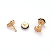 304 Stainless Steel Heart Earlobe Plugs, Screw Back Earrings, with Rhinestone, Golden, 8x6mm, Pin: 1mm(EJEW-I196-13C)