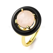 Rack Plating Round Brass Enamel Adjustable Rings, Natural Rose Quartz Finger Rings for Women, Golden, 18x18mm, Inner Diameter: 17mm(RJEW-U004-01D-G)