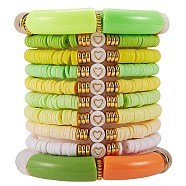 10Pcs 10 Style Handmade Polymer Clay Heishi Beaded Stretch Bracelets Set with Heart, Acrylic Chunky Curved Tube Bracelets for Women, Green Yellow, Inner Diameter: 2-1/8 inch(5.5cm)(BJEW-SW00036-04)
