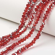 Electroplate Transparent Glass Beads Strands, Half Silver Plated, Faceted, Rondelle, Red, 10x8mm, Hole: 1mm, about 62pcs/strand, 22.05 inch(56cm)(EGLA-A034-T10mm-M05)