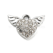UV Plating Alloy Rhinestone Pendants, Heart with Wings Charms, Platinum, 11.5x16.5x3.5mm, Hole: 1.8mm(PALLOY-D026-06P)