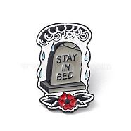 Word Stay In Bed Enamel Pin, Electrophoresis Black Alloy Gothic Tombstone Brooch for Backpack Clothes, Dark Gray, 37x22.5x1.5mm, Pin: 1mm(JEWB-P015-H02)