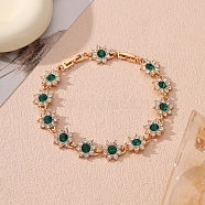 Alloy Rhinestone Link Chain Bracelets, Floewr, Emerald, 9-1/8 inch(23cm)(PW-WG4AE2D-04)