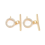 Brass Micro Pave Clear Cubic Zirconia Toggle Clasps, Ring, Real 18K Gold Plated, Bar: 21.5x4x2mm, Hole: 1mm, Ring: 12x13x3mm, Hole: 1.5mm(KK-E068-VC174)