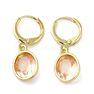 Real 18K Gold Plated Brass Dangle Leverback Earrings, with Oval Glass, PeachPuff, 27x10mm(EJEW-L268-001G-02)